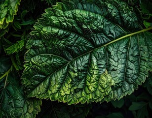 Dramatic close up of a textured dark green leaf surface with intricate veins.