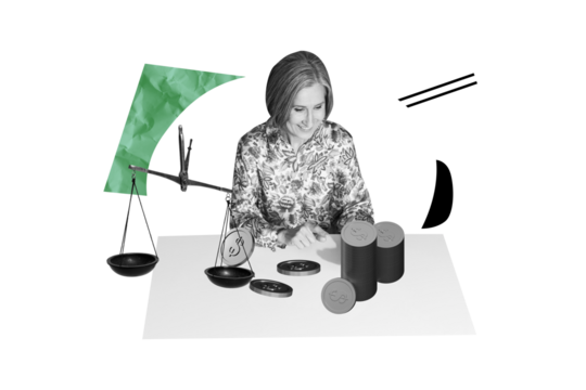 Composite art 3d creative image collage of happy elderly woman sit workplace scales count dollar penny income measure bank