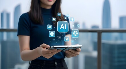 A young girl holding a foldable gadget showing floating AI assistant icons, futuristic city background