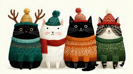 Cute cartoon cats wearing winter knitted sweaters, scarves and hats with pom poms sitting in row on beige background. Cozy holiday season illustration.