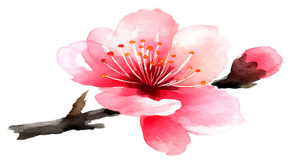 A watercolor painting of a pink flower on a branch