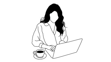 A woman is sitting at a table with a laptop and a cup of coffee