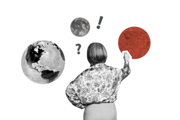 Exclusive art banner collage of anonym girl stand back choose space planet travel relocation astronomy cosmos earth mars moon