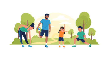 Fototapeta premium Family Enjoying Outdoor Exercise Together At Park Illustration