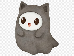 Cute ghost wearing black cat hood, watercolor Halloween character Vector.