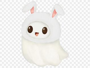 Cute ghost wearing white rabbit hood, watercolor Halloween illustration Vector.