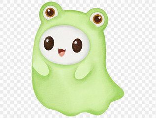 Cute ghost wearing green frog hood, watercolor Halloween illustration Vector.