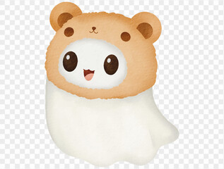 Cute ghost wearing brown bear hood, watercolor Halloween illustration Vector.