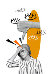 Trend artwork composite image photo collage of aged lady headache overloaded many eyes watch scrutiny thumb gesture down dislike reaction