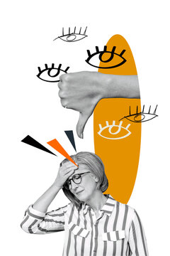 Trend artwork composite image photo collage of aged lady headache overloaded many eyes watch scrutiny thumb gesture down dislike reaction