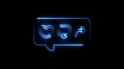 Neon blue social media icons heart chat bubble share arrow glowing on black background abstract digital interface - Powered by Adobe