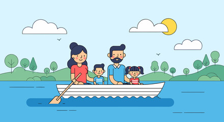 Happy Family Boating On a Calm Lake With Green Hills Background