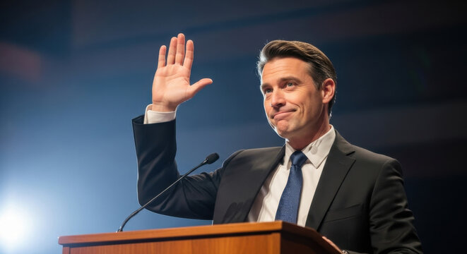 Smiling confident male speaker raising hand while standing at a podium