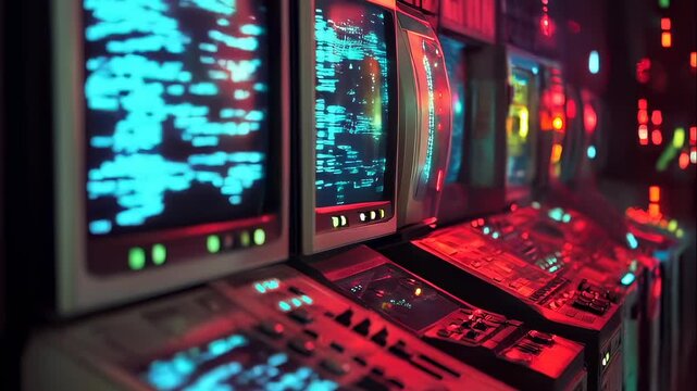 Blue coded data streams across vintage computer terminals with red illuminated controls in a futuristic server room animation