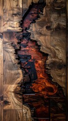 Dramatic Fiery Epoxy Resin Inlay in a Natural Live Edge Wood Grain Texture.
