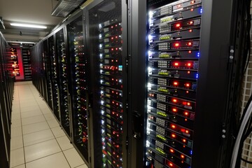 Working server racks with blinking led lights processing data inside a modern data center