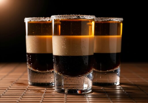 Three Layered B-52 Shooters with Coffee Liqueur, Cream and Amber Top