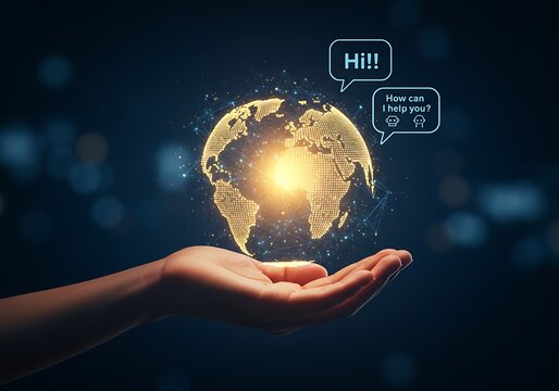 Glowing digital globe resting on a human hand with chatbot saying Hi! How can I help you?,global AI connection, AI communicat, AI technology global innovation, Global AI communication network concept - Powered by Adobe