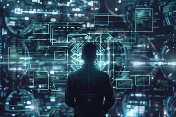 Programmer working with virtual reality software showing code and futuristic user interface