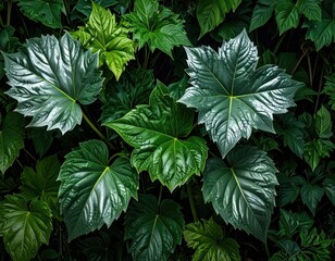 Dramatic overhead view of lush tropical foliage with metallic green leaves.