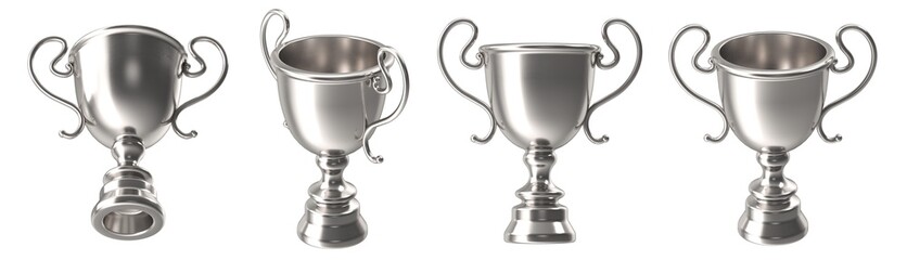 Shiny silver trophies displayed in a row, perfect for awards and achievements