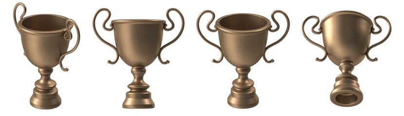 Bronze trophy cups in a row, isolated on a white background, for awards