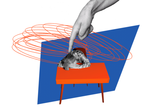 Creative collage picture human hand asleep woman tired exhausted overwhelmed workaholic drawing doodles workplace table