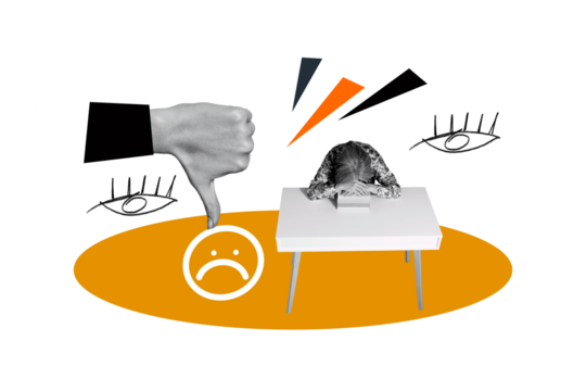 Trend artwork composite sketch image 3D photo collage of thumb down dislike cyberbullying eye watch scrutiny aged woman sad bad mood table