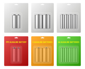AA, PP3 and C alkaline batteries in a package with transparent window and hanging hole. Realistic mockup