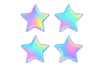 Four holographic 3d star icons reflecting iridescent pastel colors, with a glitter effect on a transparent background