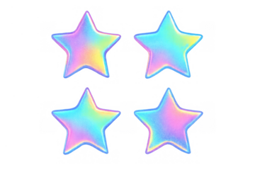 Four holographic 3d star icons reflecting iridescent pastel colors, with a glitter effect on a transparent background