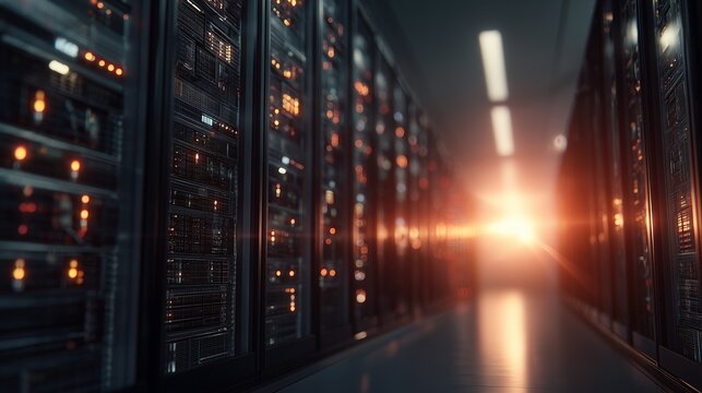 The server room is illuminated by bright light streaming in, revealing neatly arranged rows of servers. This technology creates a vibrant atmosphere filled with energy in the facil