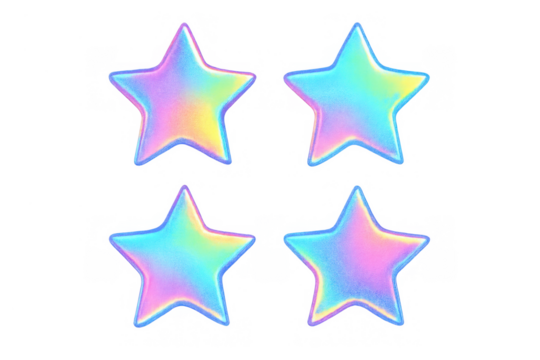 Four holographic 3d star icons reflecting iridescent pastel colors, with a glitter effect on a transparent background