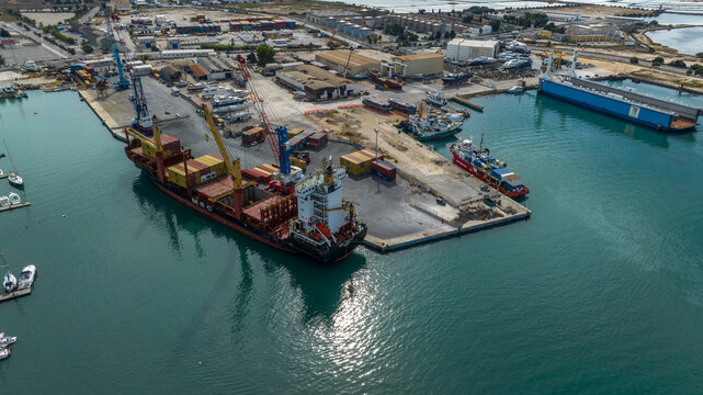 Aerial view of the industrial port. Trapani, Italy - October, 2025