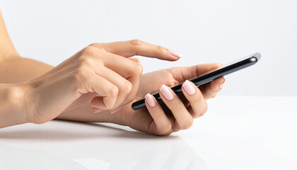 Close-up of a woman's hand operating a smartphone on a white background