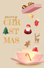 Modern pastel Christmas greeting card with cute holiday elements, candy canes, bells, and golden typography on soft background. Vector Illustration Graphic Design