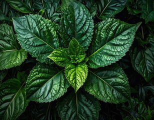 Dramatic top down view of lush green textured plant leaves.