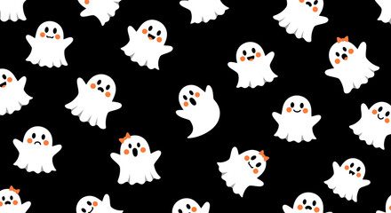 Playful Halloween Ghost Pattern with Expressive Faces, Cute White Sprites on Dark Background