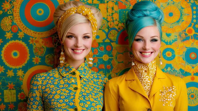 Two cheerful women in matching turquoise beehive hairstyles and retro yellow outfits pose against vibrant colorful patterned background.
