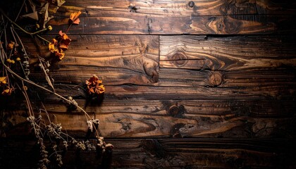 Dried autumn flowers on a dark rustic wooden plank background.