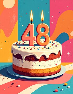 Retro illustration of a birthday or anniversary cake with a number 48 candle