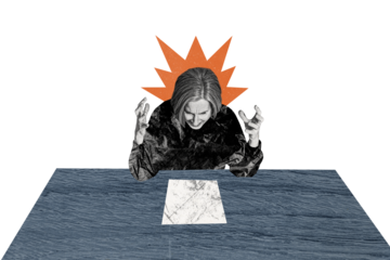 Collage picture elder senior woman aggression unhappy dissatisfied outraged scream document paper sheet business failure career employee