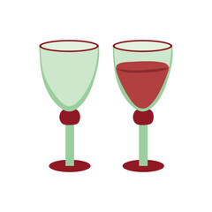Wine glasses vector illustration. Elegant goblets, empty and with red wine isolated on white background. Festive drinkware for Christmas dinner, New Year party, romantic events in flat minimal style