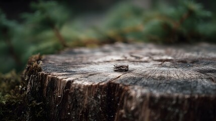 A small metal ring rests on the weathered surface of a tree stump surrounded by nature