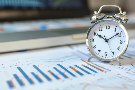 Alarm clock sits on financial charts, symbolizing deadlines, time management, and the pressure of business decisions