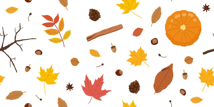 Autumn theme cozy seamless pattern. Fashion textile design with autumn theme hand-drawn leaves, pumpkin, chestnuts and other objects.