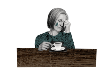 Composite trend artwork 3D sketch image collage of monochrome aged woman sit table hand hold tea cup break cry bad drop mood headache