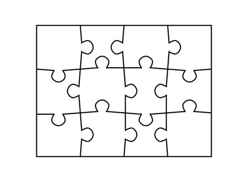 Jigsaw puzzle pieces blank template. Cutting lines simple grid design for kids jigsaw rectangle puzzle - 12 pieces.
