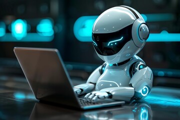 White humanoid robot using laptop in modern office space with glowing blue lights, showcasing advanced technology and artificial intelligence
