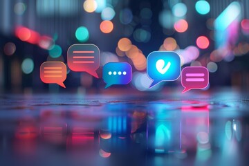 Neon speech bubbles hovering over a wet city street at night, symbolizing online chat, social media, and digital conversation